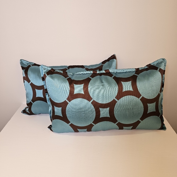 Two torqouise blue and brown soft decorative accent pillows 22x13 inches. - Picture 4 of 4